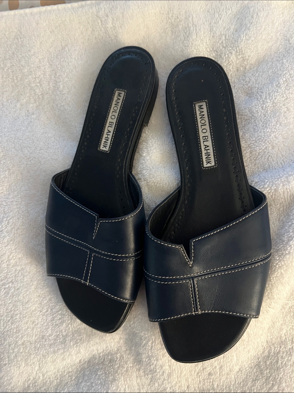 Manolo Blahnik Navy Leather Slide Mules with Contrast Stitching